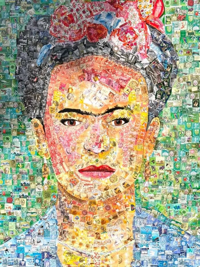 Frida — Porträt, vollständig aus farbigen Briefmarken zusammengesetzt